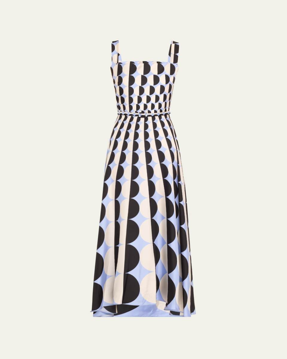 Long Geometric Square Neck Twill Silk Dress